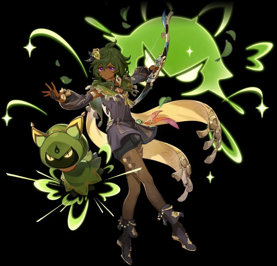 An edit of Collei's in-game design. She has a darker, warmer complexion, with dark green hair and violet eyes.  The edit alters her minidress, having it cover her back, and removes the petaled hem, giving it a straight cut.  Her black shorts are visible from below and have a slight poof to them, and her brown tights cover her legs.  Her high heeled sandals are changed to black, close-toed boots with no high heel.
